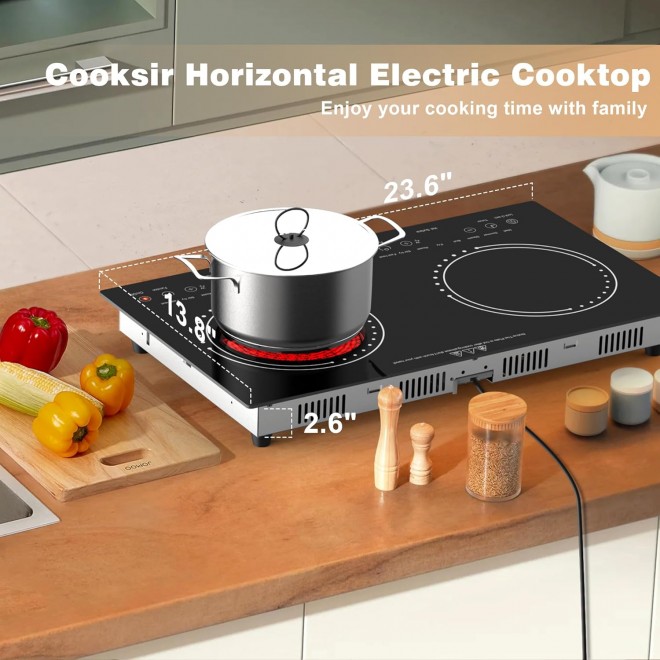 2 Burner Electric Cooktop - 24 Inch Built-in & Countertop Electric Stove Top, 110V-120V Double Burner Ceramic Cooktop Portable with Safety Lock, Timer, Sensor Touch Control, 110V Plug in