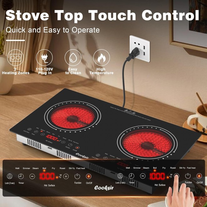 2 Burner Electric Cooktop - 24 Inch Built-in & Countertop Electric Stove Top, 110V-120V Double Burner Ceramic Cooktop Portable with Safety Lock, Timer, Sensor Touch Control, 110V Plug in