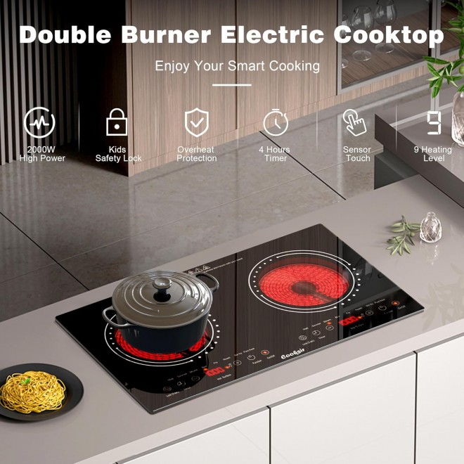 2 Burner Electric Cooktop - 24 Inch Built-in & Countertop Electric Stove Top, 110V-120V Double Burner Ceramic Cooktop Portable with Safety Lock, Timer, Sensor Touch Control, 110V Plug in