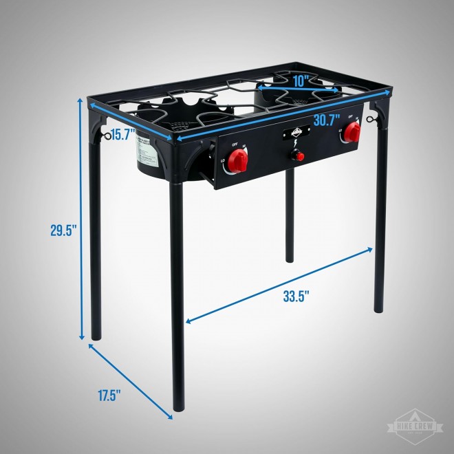 Hike Crew Auto Ignition Double-Burner Outdoor Gas Stove | 150,000 BTU Portable Propane-Powered Cooktop with Blue Flame Control, Removable Legs, Temperature Setting Knobs | Includes Hose & Regulator