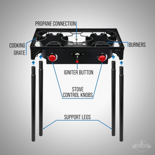 Hike Crew Auto Ignition Double-Burner Outdoor Gas Stove | 150,000 BTU Portable Propane-Powered Cooktop with Blue Flame Control, Removable Legs, Temperature Setting Knobs | Includes Hose & Regulator