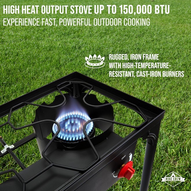 Hike Crew Auto Ignition Double-Burner Outdoor Gas Stove | 150,000 BTU Portable Propane-Powered Cooktop with Blue Flame Control, Removable Legs, Temperature Setting Knobs | Includes Hose & Regulator