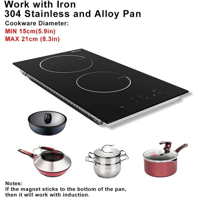 Induction Cooktop 12 Inch, 220V~240V, 2 Burners Electric Cooktop,3500W, 12'' Built-in Double Electric Stove Top Countertop Cooker with Hard Wire,No Plug