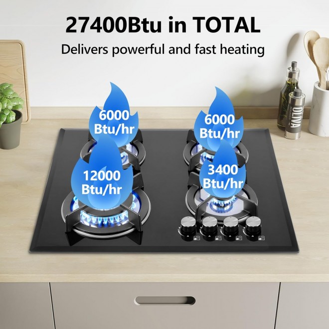 4 Burner Gas Stove Cooktop 24in, Glass Top Built-in Gas Burner Hob, NG/LPG Compatible or use with Propane or Neutral Gas