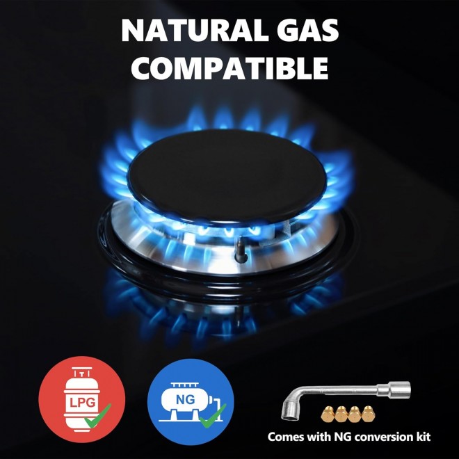 4 Burner Gas Stove Cooktop 24in, Glass Top Built-in Gas Burner Hob, NG/LPG Compatible or use with Propane or Neutral Gas