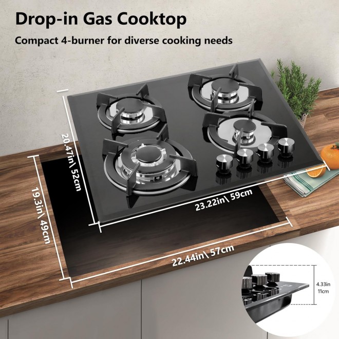 Gas Stovetop 4 Burner, Built-in/Countertop Propane Gas Cooktop, LPG/NG Dual Fuel Convertible Gas Stove Top with Thermocouple Protection, Black Tempered Glass, 27400BTU