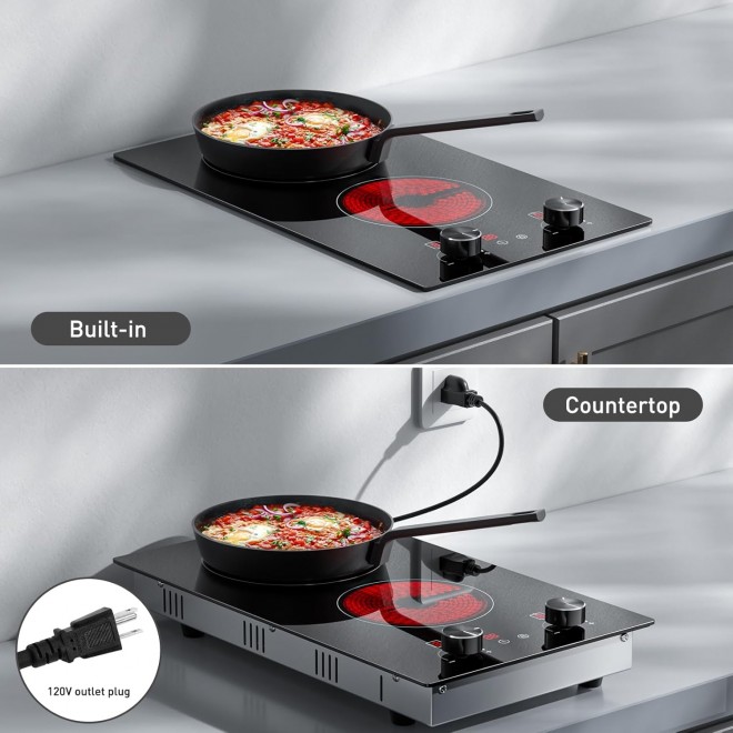 2 Burners Electric Cooktop 110V Ceramic Cooktop 12 Inch Plug in Electric Stove Top Built-in & Countertop Ceramic Stove with Knob Control, Child Lock, Timer, Residual Heat Indicator