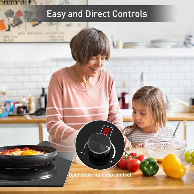 2 Burners Electric Cooktop 12 Inch Plug in Portable 120V Ceramic Cooktop Drop-in & Countertop Ceramic Stove Top with Knob Control, Child Lock, Timer, Residual Heat Indicator