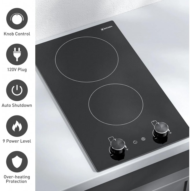 2 Burners Electric Cooktop 12 Inch Plug in Portable 120V Ceramic Cooktop Drop-in & Countertop Ceramic Stove Top with Knob Control, Child Lock, Timer, Residual Heat Indicator