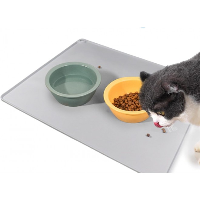 Silicone Dog Cat Food Mat - 28 x 20 Waterproof Non-Slip Pet Water Feeding Bowls Mats - Silicone Cat Litter Mat - Gray