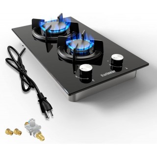 Karinear Gas Cooktop 2 Burner Propane Cooktop, 12 Inch LPG/NG Dual Fuel Gas Stove Top, Built-in Tempered Glass Gas Cooktop for Apartment, Indoor, RV