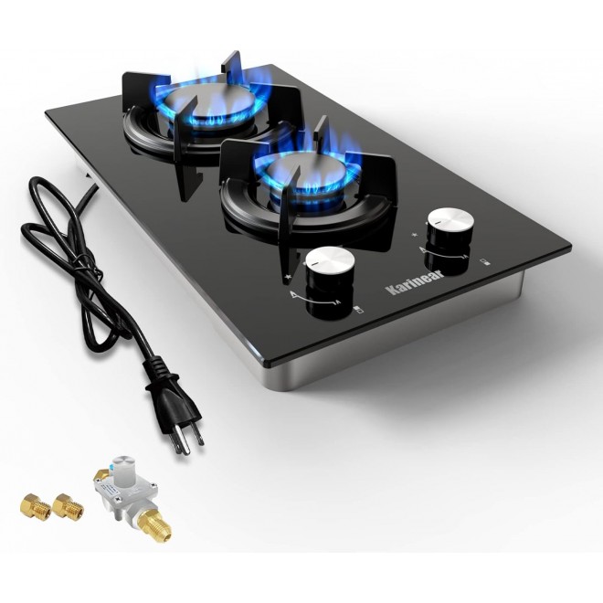 Karinear Gas Cooktop 2 Burner Propane Cooktop, 12 Inch LPG/NG Dual Fuel Gas Stove Top, Built-in Tempered Glass Gas Cooktop for Apartment, Indoor, RV