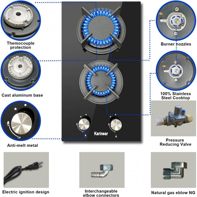 Karinear Gas Cooktop 2 Burner Propane Cooktop, 12 Inch LPG/NG Dual Fuel Gas Stove Top, Built-in Tempered Glass Gas Cooktop for Apartment, Indoor, RV