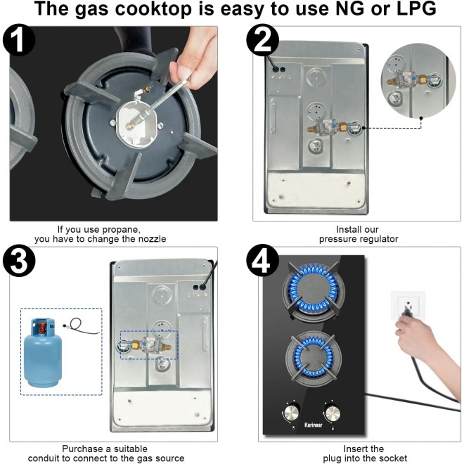 Karinear Gas Cooktop 2 Burner Propane Cooktop, 12 Inch LPG/NG Dual Fuel Gas Stove Top, Built-in Tempered Glass Gas Cooktop for Apartment, Indoor, RV