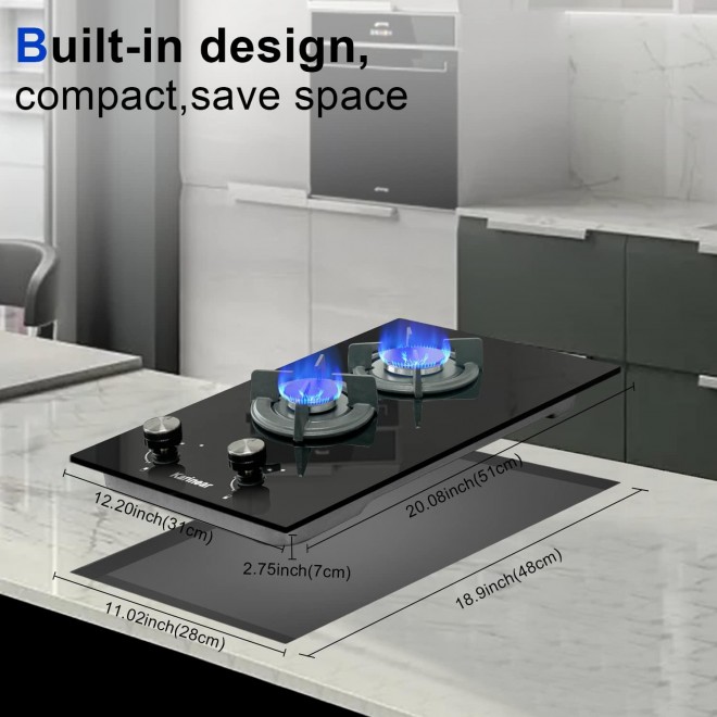 Karinear Gas Cooktop 2 Burner Propane Cooktop, 12 Inch LPG/NG Dual Fuel Gas Stove Top, Built-in Tempered Glass Gas Cooktop for Apartment, Indoor, RV