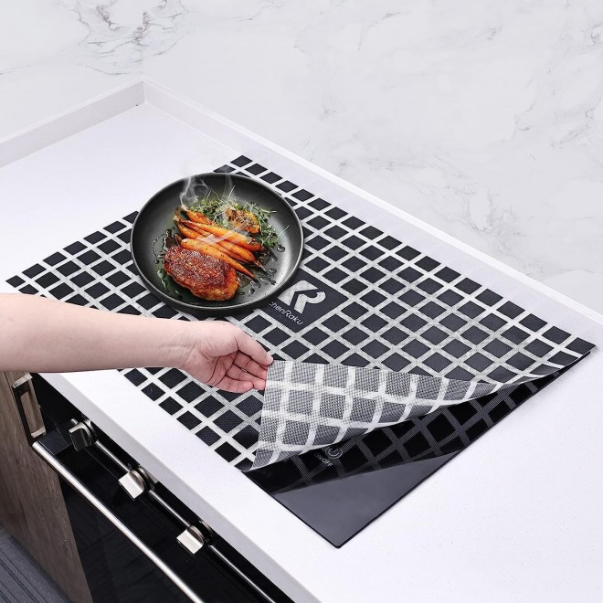 KitchenRaku Large Induction Cooktop Protector Mat with Plastic Bowl Scraper, (Magnetic) Electric Stove Burner Covers