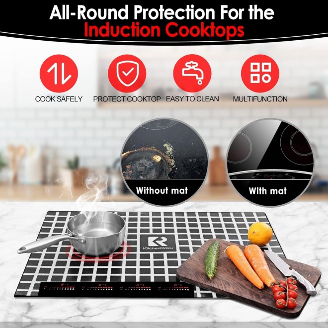 KitchenRaku Large Induction Cooktop Protector Mat with Plastic Bowl Scraper, (Magnetic) Electric Stove Burner Covers