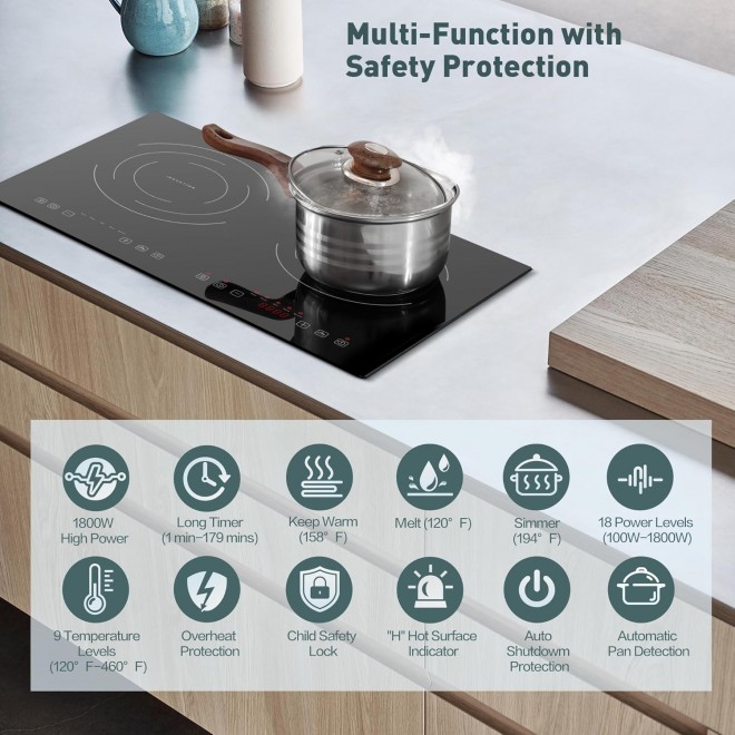 Induction Cooktop with 2 Burners, Horizontal Electric Stove, Built-In Induction Cooker, 1800W Sensor Touch Electric Cooktop, 18 Power Levels, Timer, Safety Lock, 120V, 20 Inch, ETL Certified