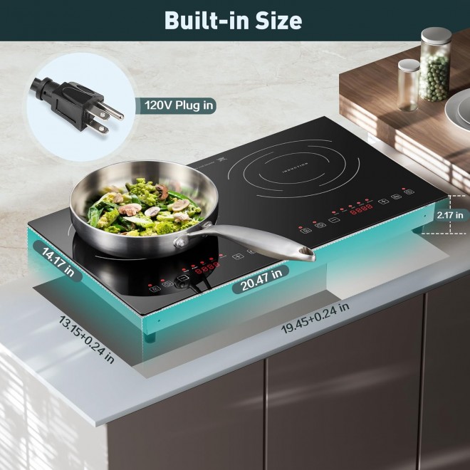 Induction Cooktop with 2 Burners, Horizontal Electric Stove, Built-In Induction Cooker, 1800W Sensor Touch Electric Cooktop, 18 Power Levels, Timer, Safety Lock, 120V, 20 Inch, ETL Certified