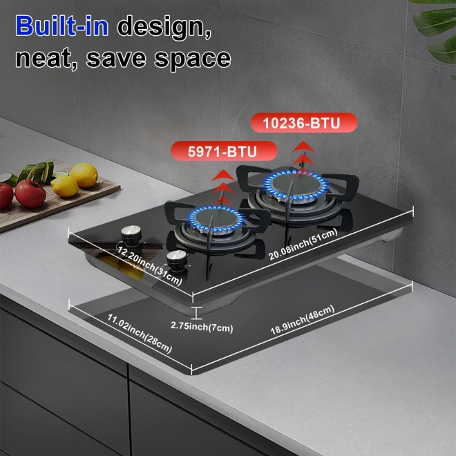 12 inch Gas Stove, 2 Burners Propane Cooktop Bulit-in, Indoor Gas Cooktop Suitable for Dual Fuel LPG/NG, Tempered Glass Gas Stove Top for Kitchen, Apartment, Indoor, 110-120V Plug in