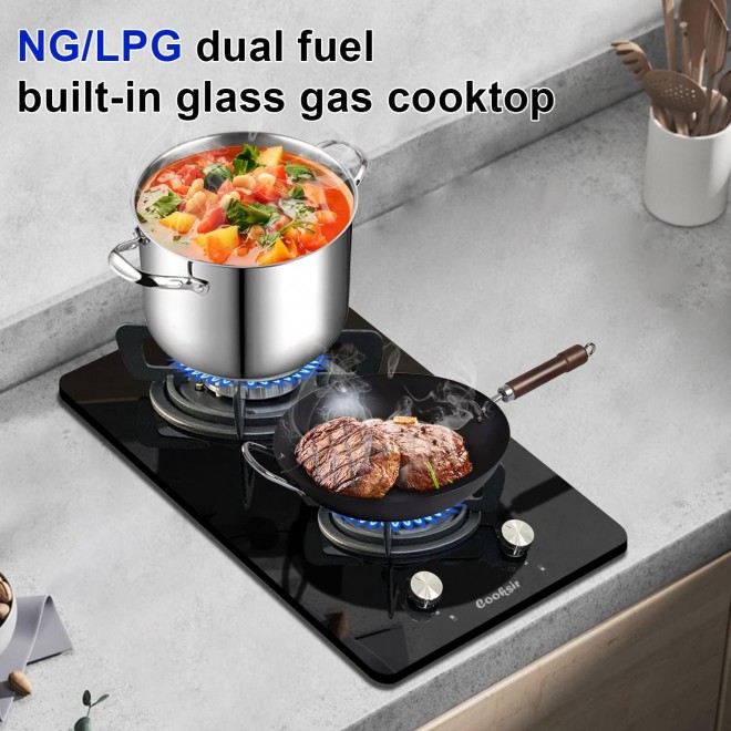 12 inch Gas Stove, 2 Burners Propane Cooktop Bulit-in, Indoor Gas Cooktop Suitable for Dual Fuel LPG/NG, Tempered Glass Gas Stove Top for Kitchen, Apartment, Indoor, 110-120V Plug in