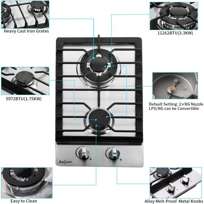 12 Inch Gas Cooktop, 2 Burners Built-in Gas Stovetop Stainless Steel Gas Stove Top Propane/Natural Gas Convertible Sealed Gas Cooktop for RVs, Apartments, Outdoor