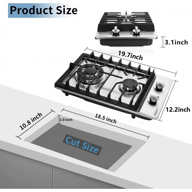 12 Inch Gas Cooktop, 2 Burners Built-in Gas Stovetop Stainless Steel Gas Stove Top Propane/Natural Gas Convertible Sealed Gas Cooktop for RVs, Apartments, Outdoor