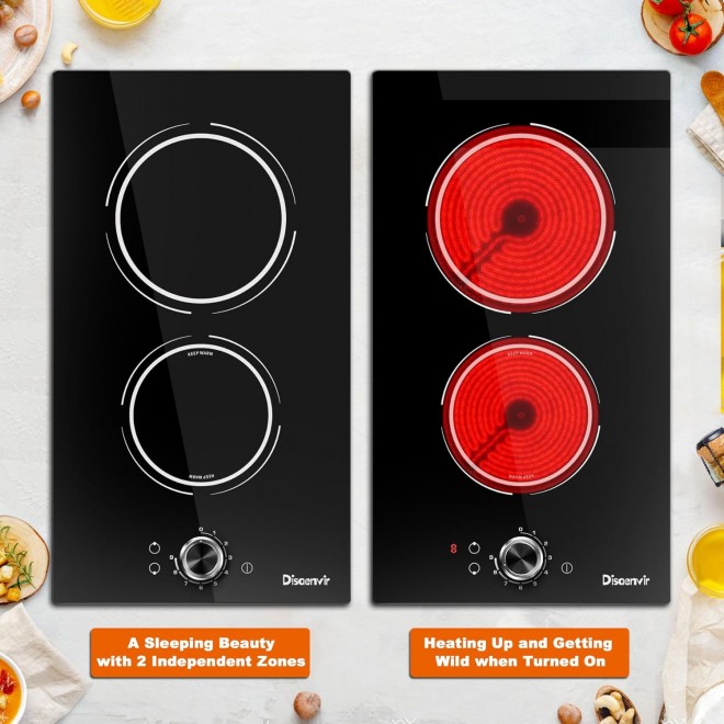 2 Burner Electric Cooktop 110V - 12 Inch Electric Stove Built-in or Tabletop, 2000W Portable Ceramic Cook Top with Knob, Plug in 120V Kitchen Stove for Small Kitchen, Rvs, Apartment, Camping