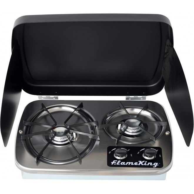 Flame King YSNHT600 2-Burner Built-in RV Cooktop Propane Stove, 7200 and 5200 BTU Burners, Self-Igniting, Cover Included, Silver, 18.5 x 13 x 4.5