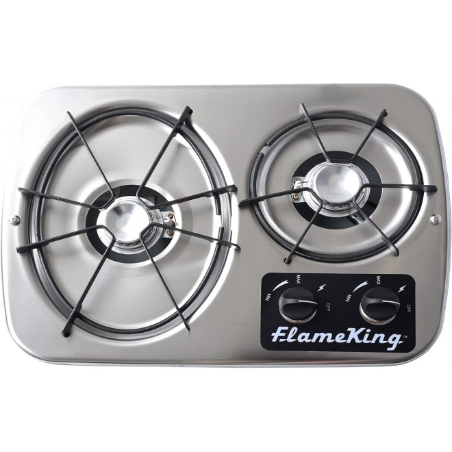 Flame King YSNHT600 2-Burner Built-in RV Cooktop Propane Stove, 7200 and 5200 BTU Burners, Self-Igniting, Cover Included, Silver, 18.5 x 13 x 4.5