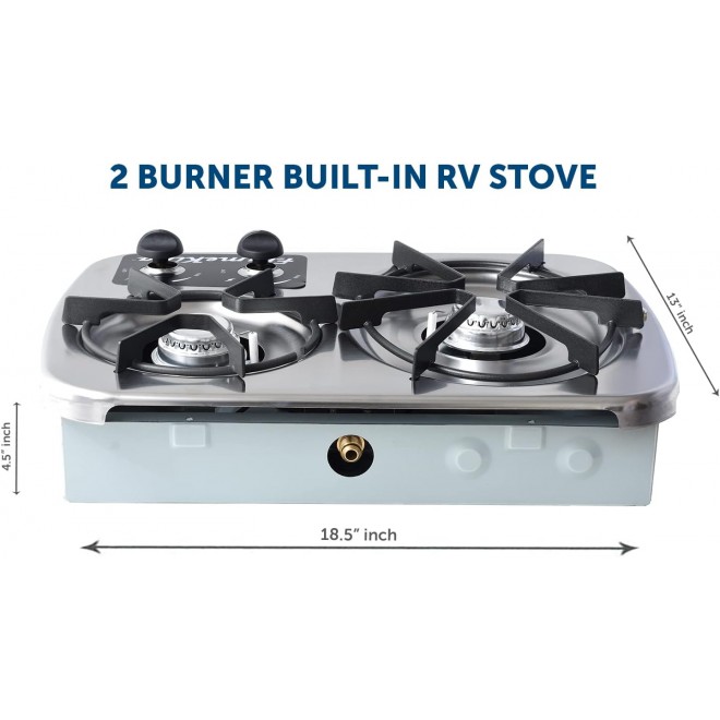 Flame King YSNHT600 2-Burner Built-in RV Cooktop Propane Stove, 7200 and 5200 BTU Burners, Self-Igniting, Cover Included, Silver, 18.5 x 13 x 4.5