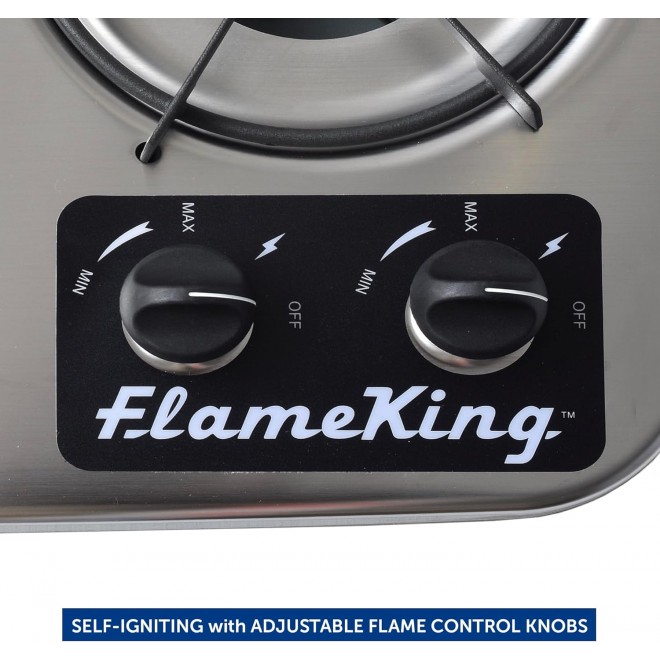 Flame King YSNHT600 2-Burner Built-in RV Cooktop Propane Stove, 7200 and 5200 BTU Burners, Self-Igniting, Cover Included, Silver, 18.5 x 13 x 4.5