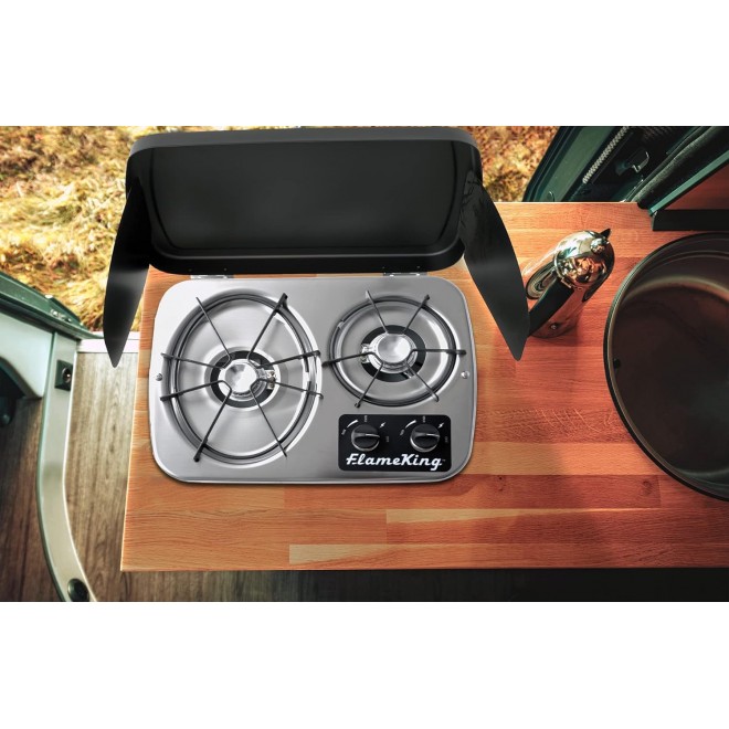 Flame King YSNHT600 2-Burner Built-in RV Cooktop Propane Stove, 7200 and 5200 BTU Burners, Self-Igniting, Cover Included, Silver, 18.5 x 13 x 4.5