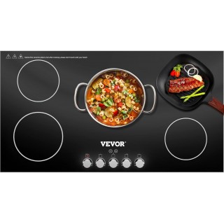 VEVOR Built-in Induction Cooktop, 35 inch 5 Burners, 220V Ceramic Glass Electric Stove Top with Knob Control, Timer & Child Lock Included, 9 Power Levels with Boost Function for Simmer Steam Fry