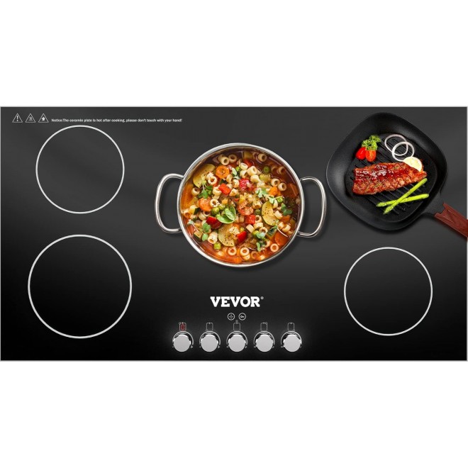 VEVOR Built-in Induction Cooktop, 35 inch 5 Burners, 220V Ceramic Glass Electric Stove Top with Knob Control, Timer & Child Lock Included, 9 Power Levels with Boost Function for Simmer Steam Fry