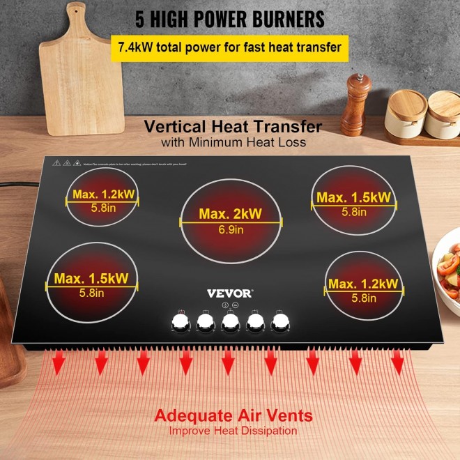 VEVOR Built-in Induction Cooktop, 35 inch 5 Burners, 220V Ceramic Glass Electric Stove Top with Knob Control, Timer & Child Lock Included, 9 Power Levels with Boost Function for Simmer Steam Fry