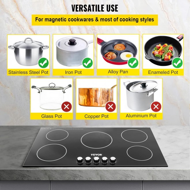 VEVOR Built-in Induction Cooktop, 35 inch 5 Burners, 220V Ceramic Glass Electric Stove Top with Knob Control, Timer & Child Lock Included, 9 Power Levels with Boost Function for Simmer Steam Fry