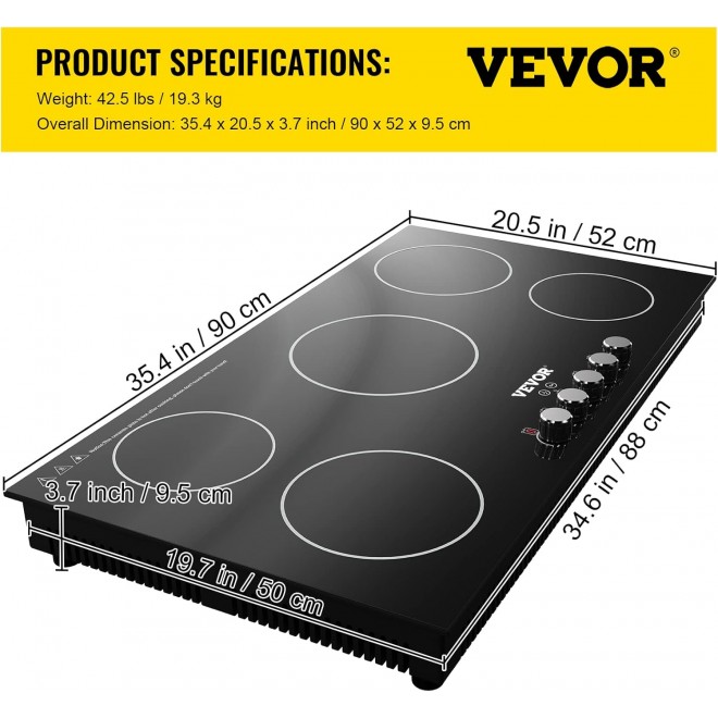 VEVOR Built-in Induction Cooktop, 35 inch 5 Burners, 220V Ceramic Glass Electric Stove Top with Knob Control, Timer & Child Lock Included, 9 Power Levels with Boost Function for Simmer Steam Fry