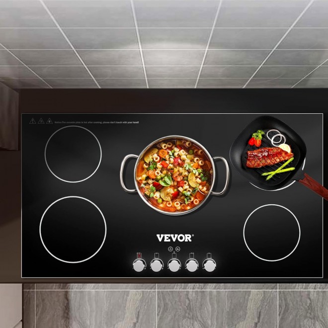 VEVOR Built-in Induction Cooktop, 35 inch 5 Burners, 220V Ceramic Glass Electric Stove Top with Knob Control, Timer & Child Lock Included, 9 Power Levels with Boost Function for Simmer Steam Fry