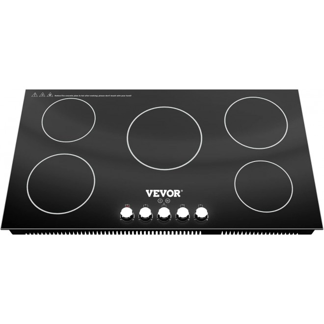 VEVOR Built-in Induction Cooktop, 35 inch 5 Burners, 220V Ceramic Glass Electric Stove Top with Knob Control, Timer & Child Lock Included, 9 Power Levels with Boost Function for Simmer Steam Fry