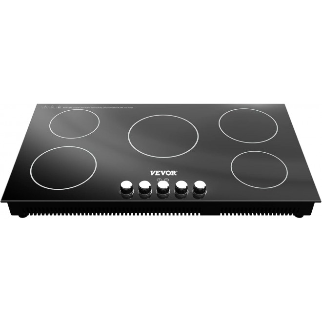 VEVOR Built-in Induction Cooktop, 35 inch 5 Burners, 220V Ceramic Glass Electric Stove Top with Knob Control, Timer & Child Lock Included, 9 Power Levels with Boost Function for Simmer Steam Fry