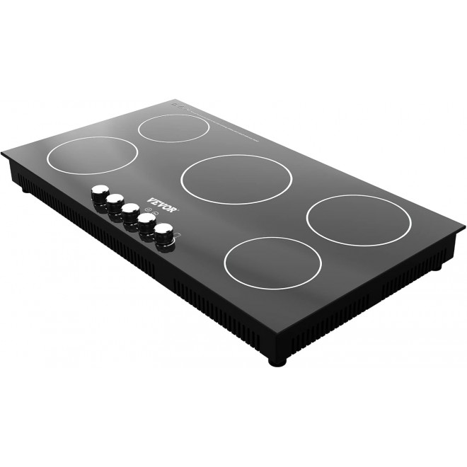 VEVOR Built-in Induction Cooktop, 35 inch 5 Burners, 220V Ceramic Glass Electric Stove Top with Knob Control, Timer & Child Lock Included, 9 Power Levels with Boost Function for Simmer Steam Fry