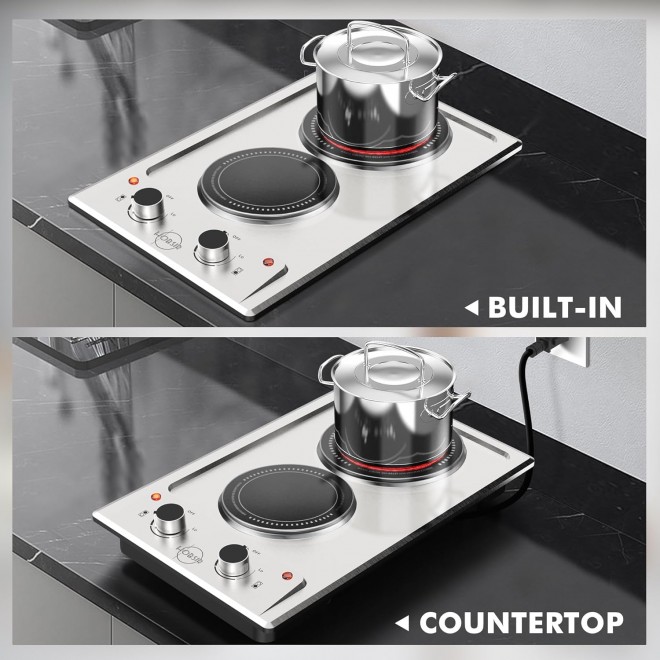 2 Burner Electric Cooktop 110v, Plug in Stainless Steel Electric Stove Top 12 inch Knob Control Countertop & Built-in Radiant Electric Stove with Residual Heat Indicator, Over-Temperature Protection