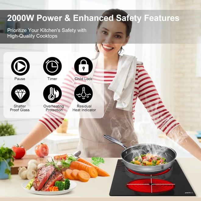 2 Burner Electric Cooktop 110v Plug in, Portable 2000W Infrared Cooktop Double Burner 12in Ceramic Glass Stove Top Burner, Built In or Countertop for Indoor Outdoor Cooking