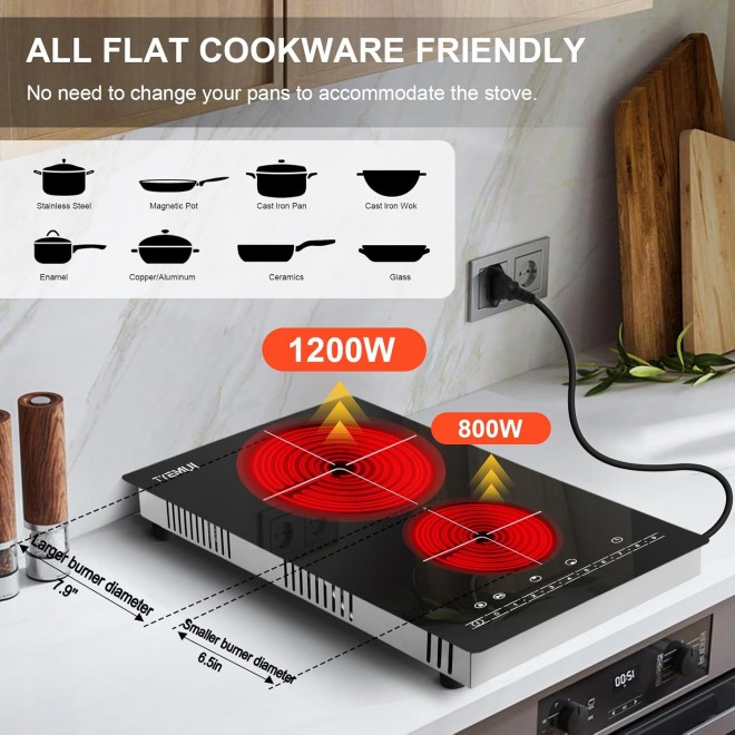 2 Burner Electric Cooktop 110v Plug in, Portable 2000W Infrared Cooktop Double Burner 12in Ceramic Glass Stove Top Burner, Built In or Countertop for Indoor Outdoor Cooking