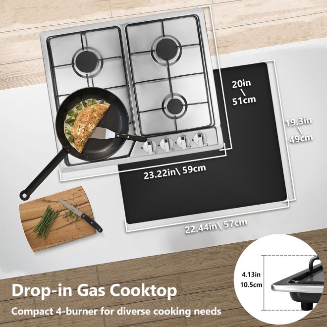 24in Gas Stove Cooktop, Drop-in 24inch Gas Stove Top 4 Burners, NG/LPG Convertible Neutral Gas Propane Cooktop Gas Hob with Thermocouple Protection