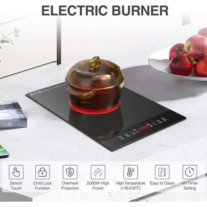 Electric Cooktop 110V, Portable Electric Stove Top 2000W Plug in, Single Burner Electric Cooktop 12 inch, 9 Power Levels, Kids Lock &Timer,Built in Electric Hot Plate