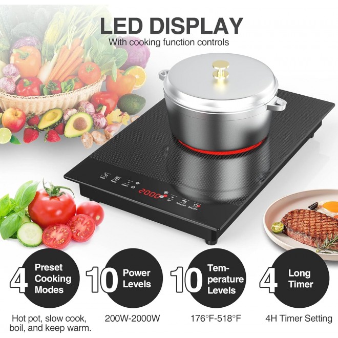 Electric Cooktop 110V, Portable Electric Stove Top 2000W Plug in, Single Burner Electric Cooktop 12 inch, 9 Power Levels, Kids Lock &Timer,Built in Electric Hot Plate