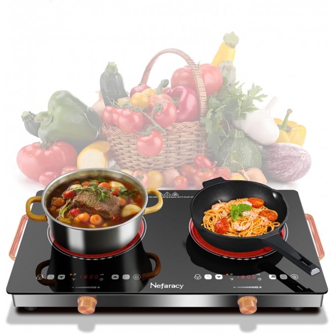 2 Burner Electric Cooktop 24 Inch Electric Stove, Nefaracy 2000W Portable Elecric Stove with Handle, 9 Power Settings, Senor Touch & Knob Control, Safety Lock, Timer, 110-120V Plug in