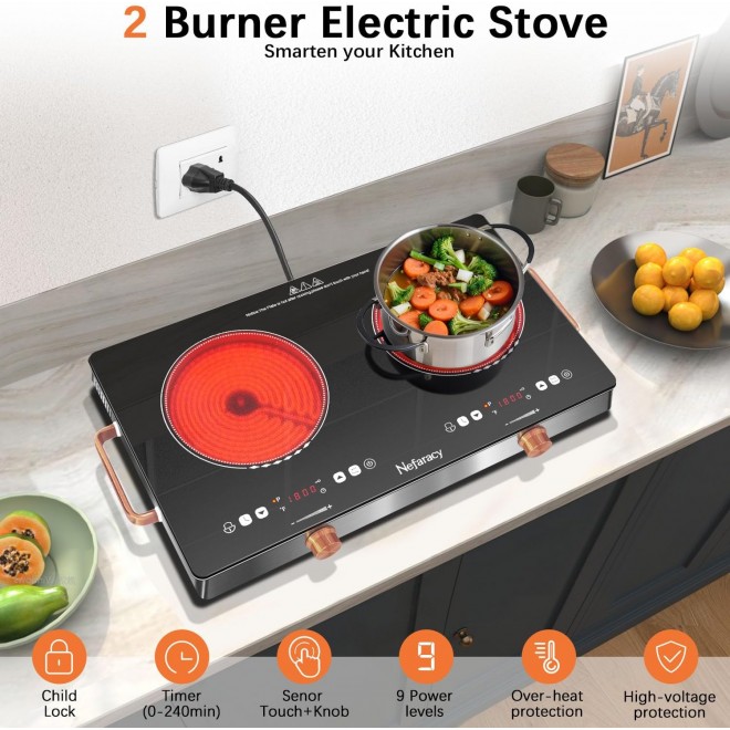 2 Burner Electric Cooktop 24 Inch Electric Stove, Nefaracy 2000W Portable Elecric Stove with Handle, 9 Power Settings, Senor Touch & Knob Control, Safety Lock, Timer, 110-120V Plug in